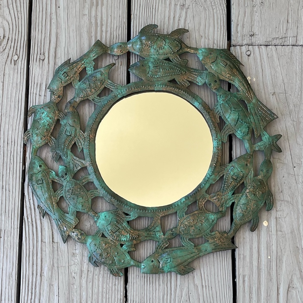 Rustic Patina Finish Round Metal Fish Mirror